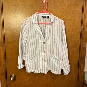 JONES NEW YORK white & blue striped raw hem linen jacket blazer